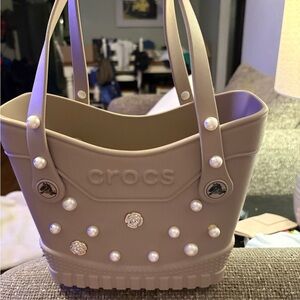 CROCS Women's Taupe Tote with Pearl Accents